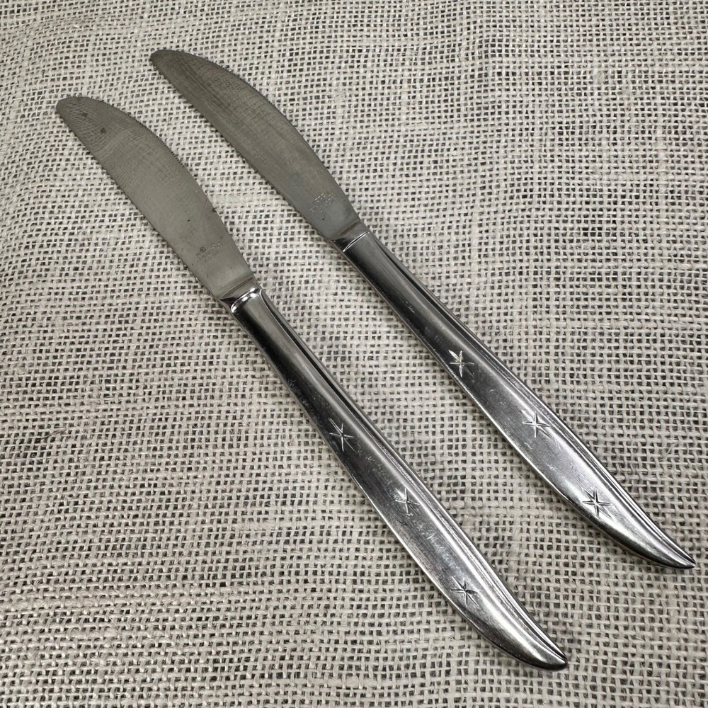 Vintage NSCO Starette Dinner Knives Set of 2 Atomic Starburst Stainless Japan